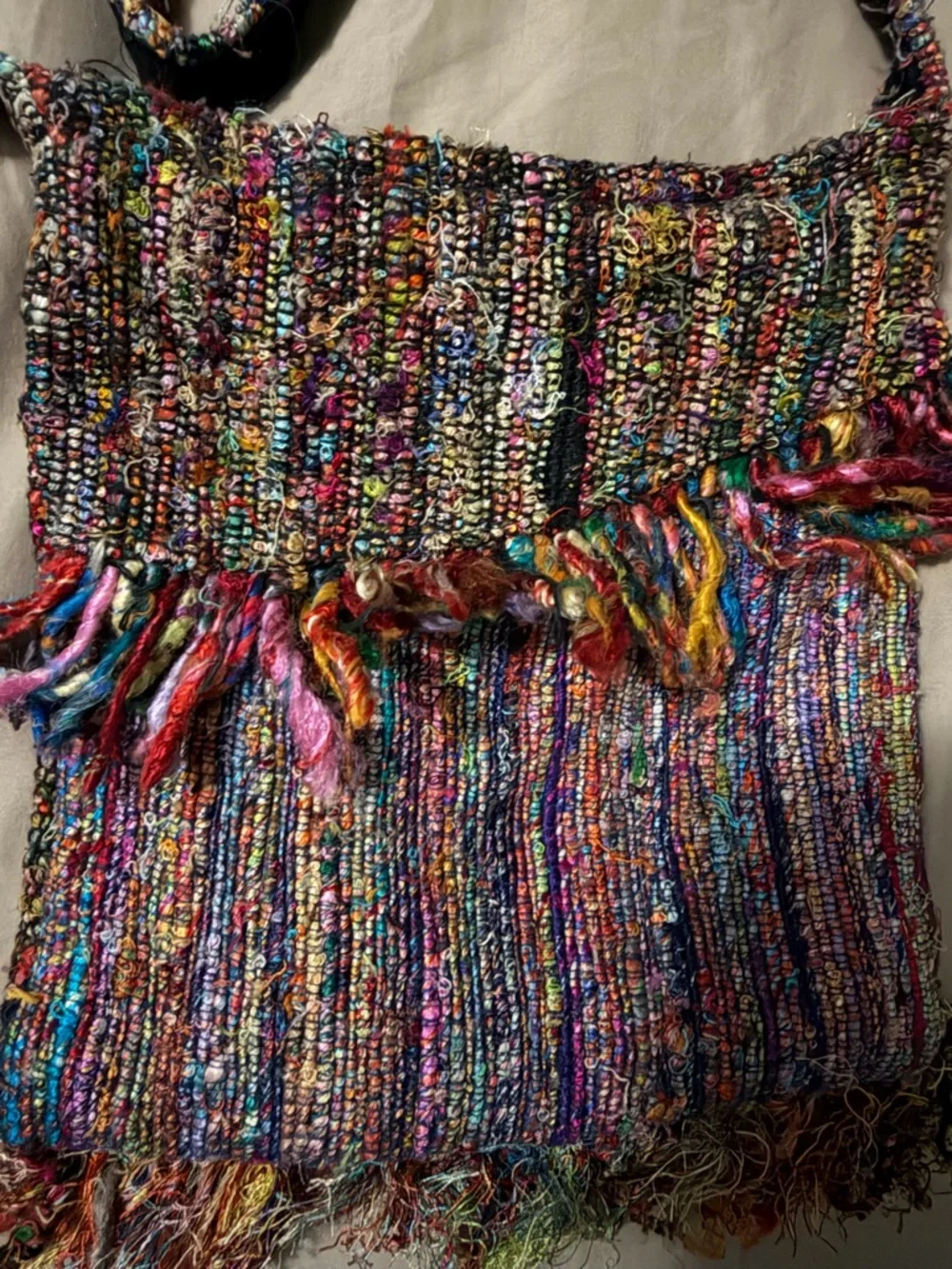 Handwoven Silk Multicolor Fringe Crossbody Bag made in Nepal - Picture 3 of 6